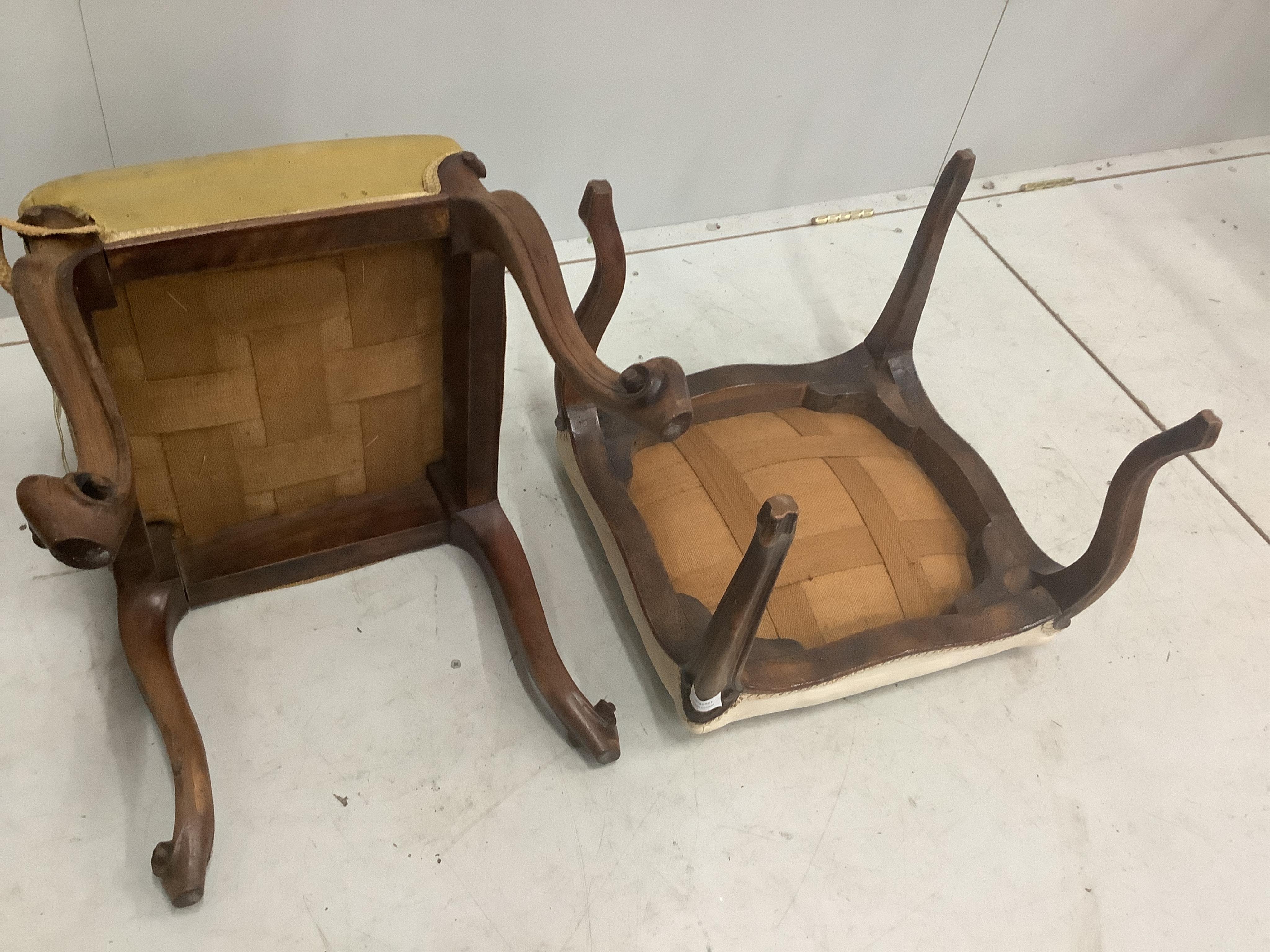 Two Victorian rosewood and mahogany dressing stools, largest width 42cm, height 42cm. Condition - fair, upholstery poor